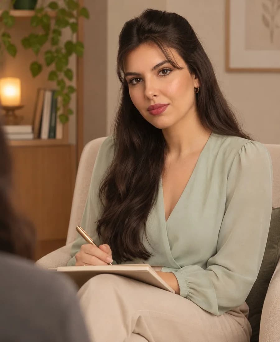Kate Vieira no consultório, sentada numa poltrona, com um caderno de anotações